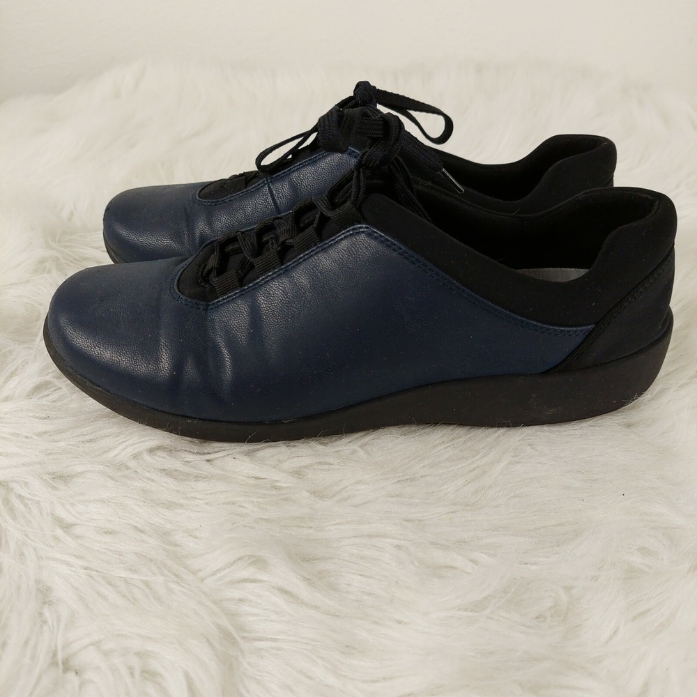 Clarks Cloud Steppers Dark Blue Loafer Sneakers Lace Up Sz 9.5W Walking Comfort